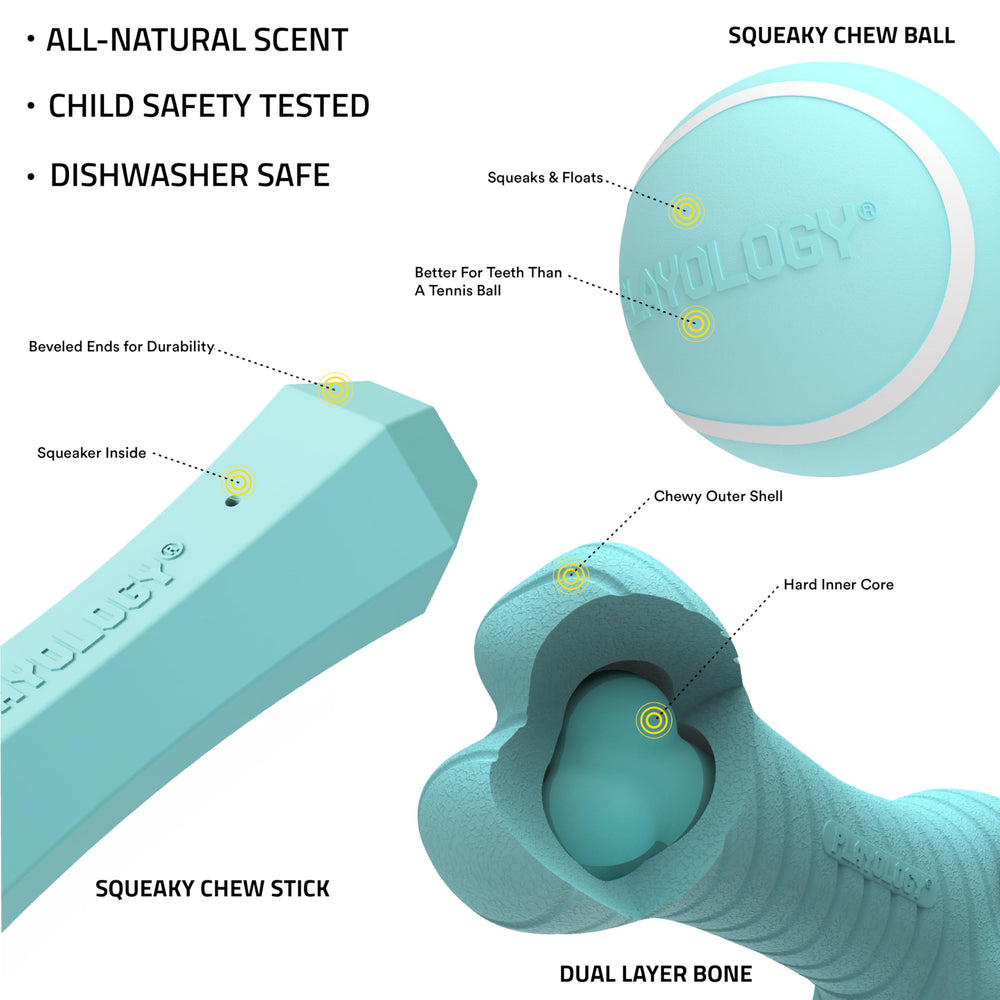 Playology Squeaky Chew Ball with peanut butter scent fuels engaging play.