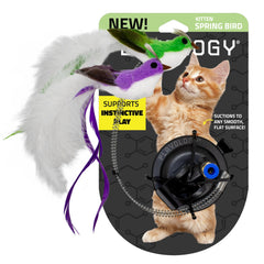 Playology suction cup spring bird set on glass surface delivering playful feline motion