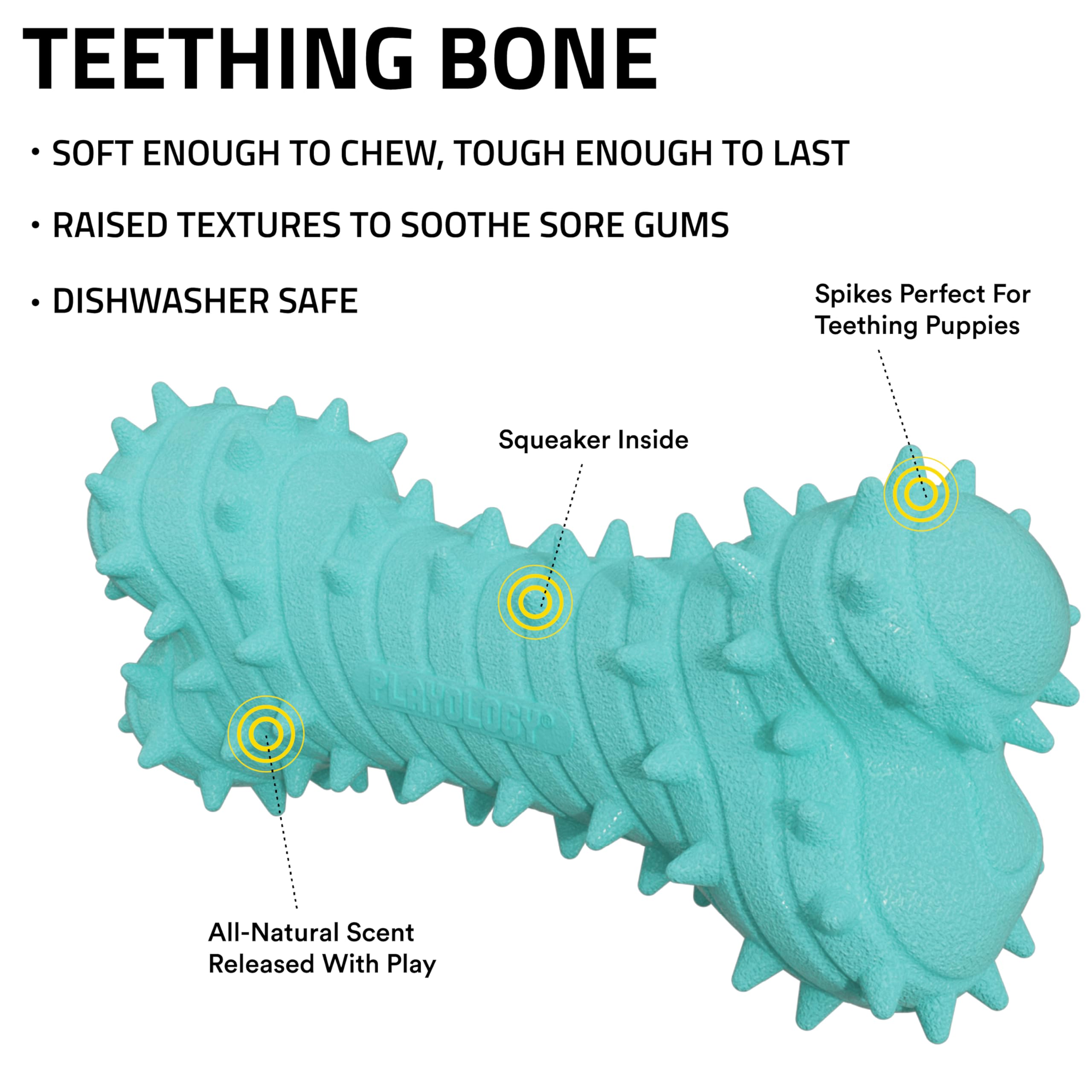 Playology Teething Toy texture close-up highlighting durable spikes for puppies.