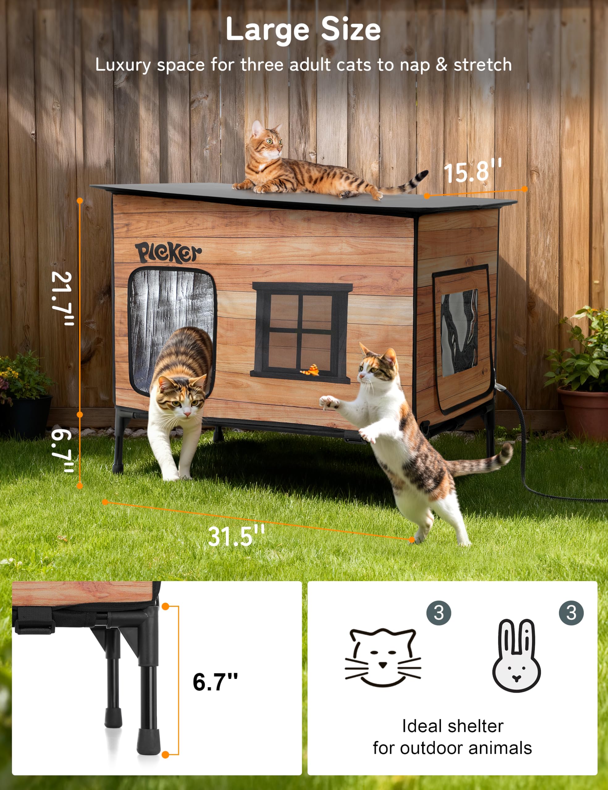 PLEKER heating pad demonstrates direct warmth for resting cats outdoors