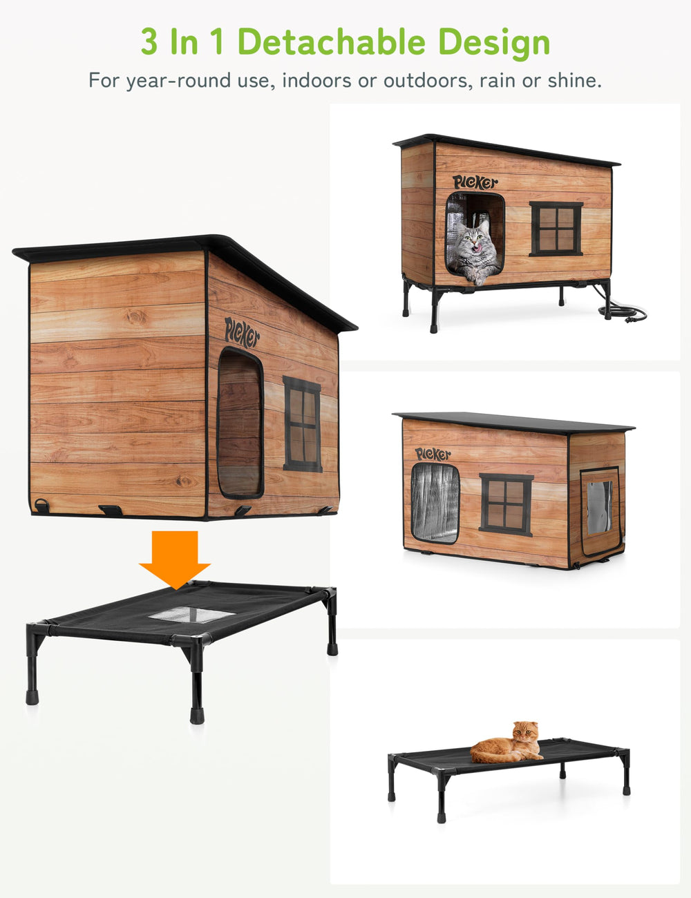 PLEKER package includes cat house, heating pad, cover, pegs, and felt board