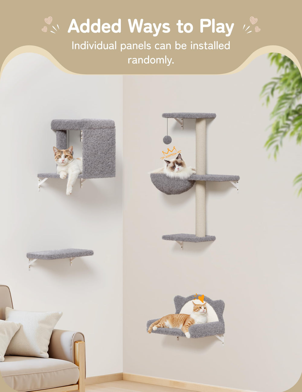 PLEKER climbing system layout image shows flexible configurations for multiple rooms and cats.