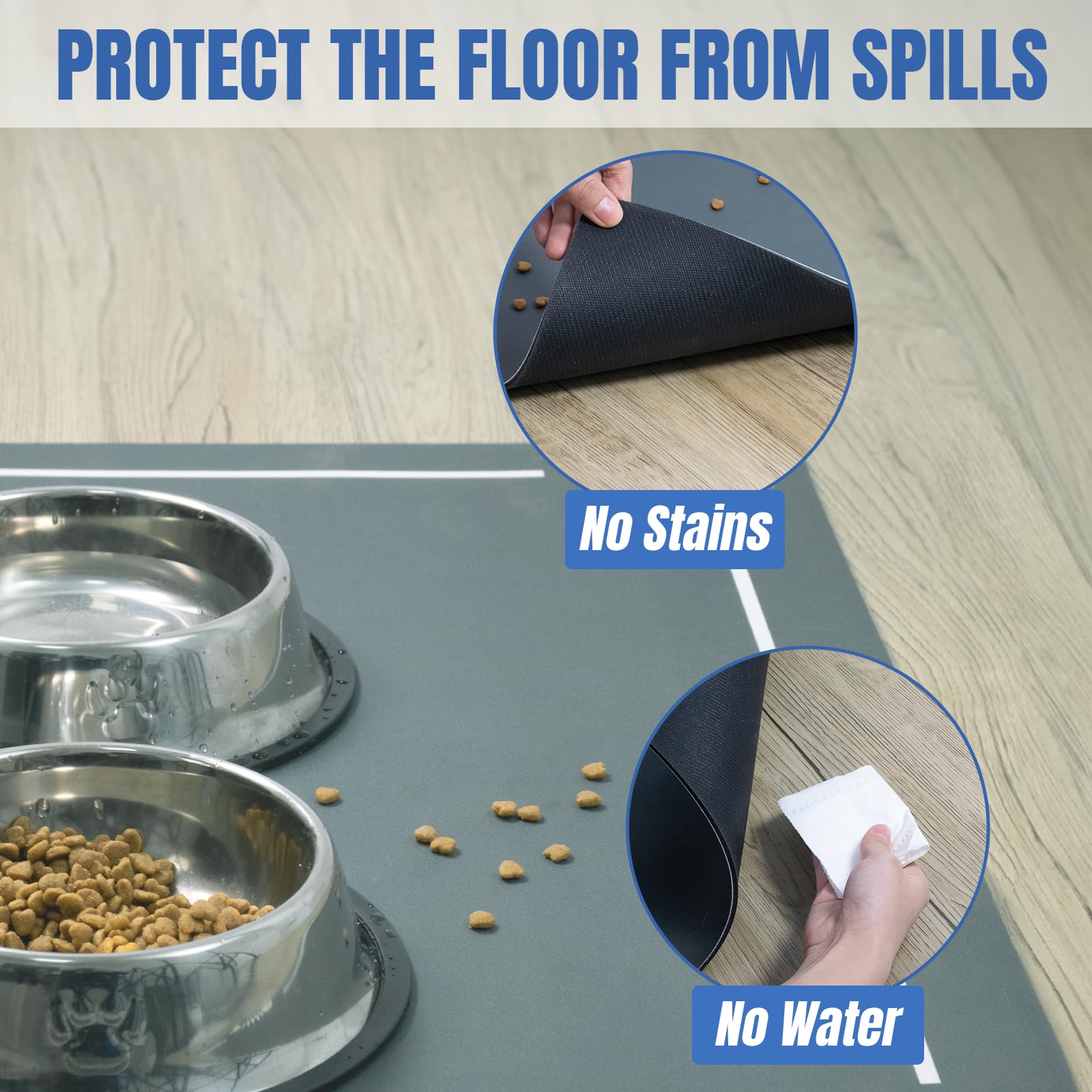 Plentio gray feeding mat suits any home décor while guarding bowls.