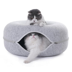 PLIISLUP cat tunnel bed with three toys encourages interactive play and feline curiosity.