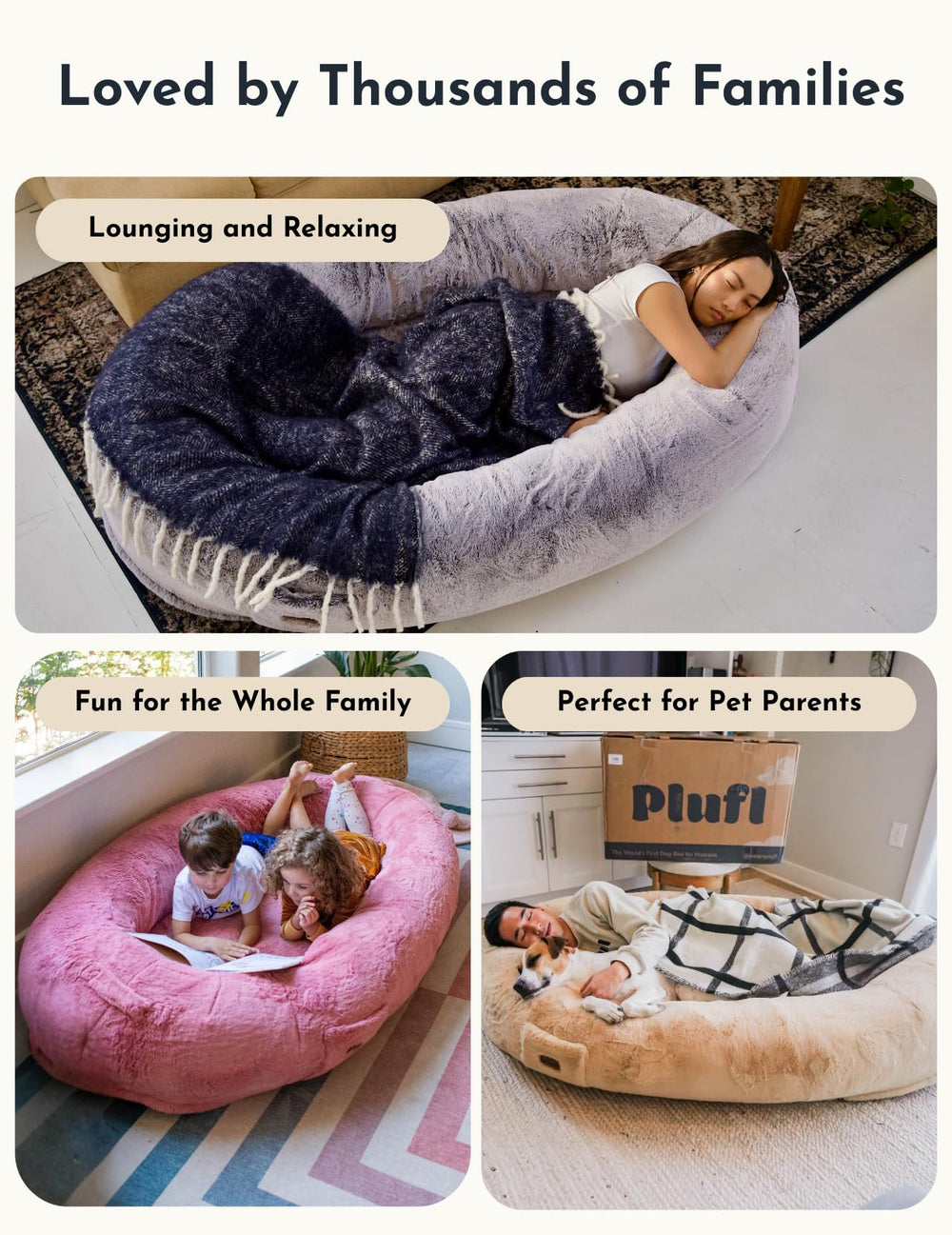 Plufl family snuggle scene with pets for shared comfort