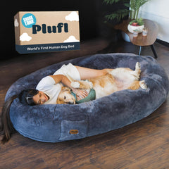 Plufl original human dog bed setup shows spacious memory foam pod for relaxed lounging.