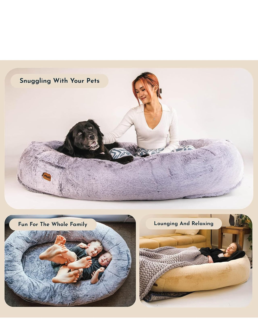 Plufl vegan fur exterior texture adds cozy, pet-friendly lounging warmth.