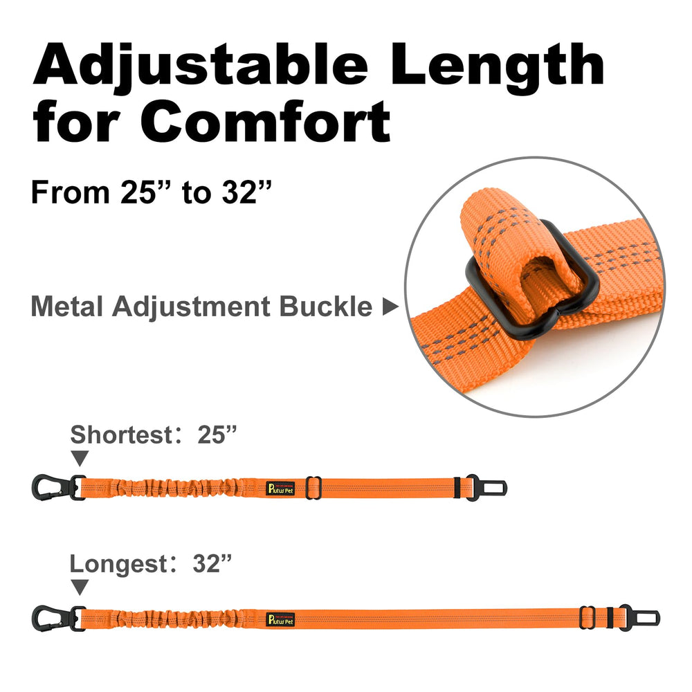 Plutus Pet orange seat belt shown in car for easy spotting.