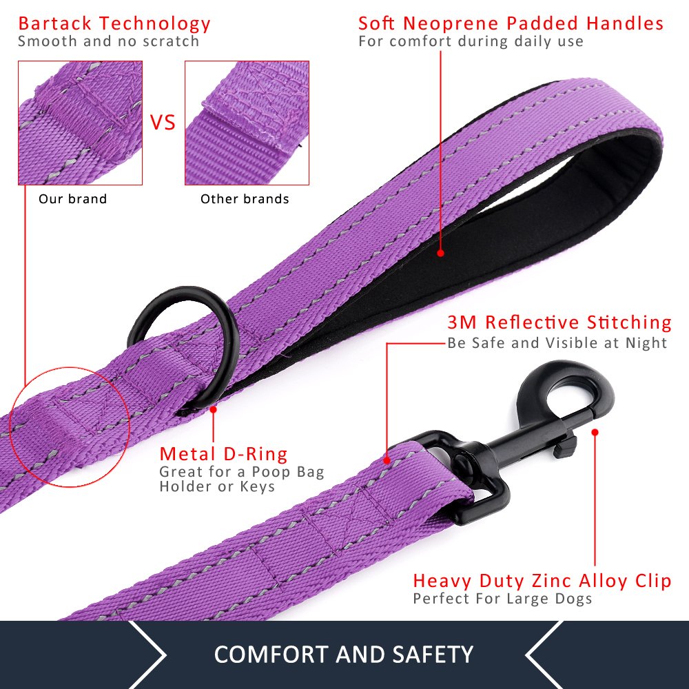 Plutus Pet neoprene padded-handle leash purple reduces hand fatigue on long strolls