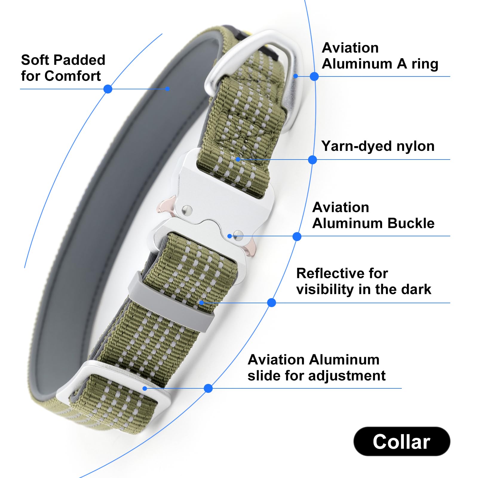 Plutus Pet nylon webbing collar shows durable, soft, colorfast material during hikes.