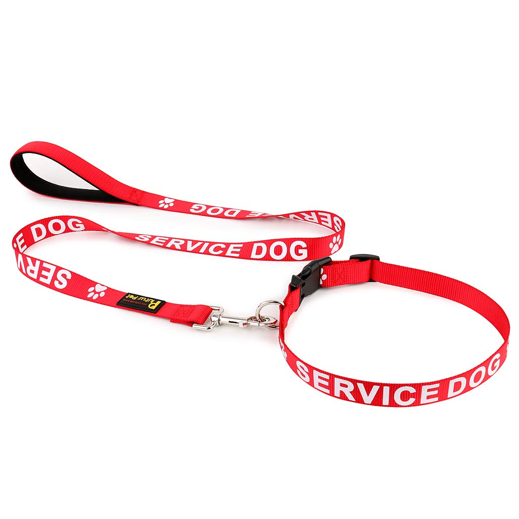 PLUTUS PET red service dog collar—on-dog view shows neck fit 14-20 inches.