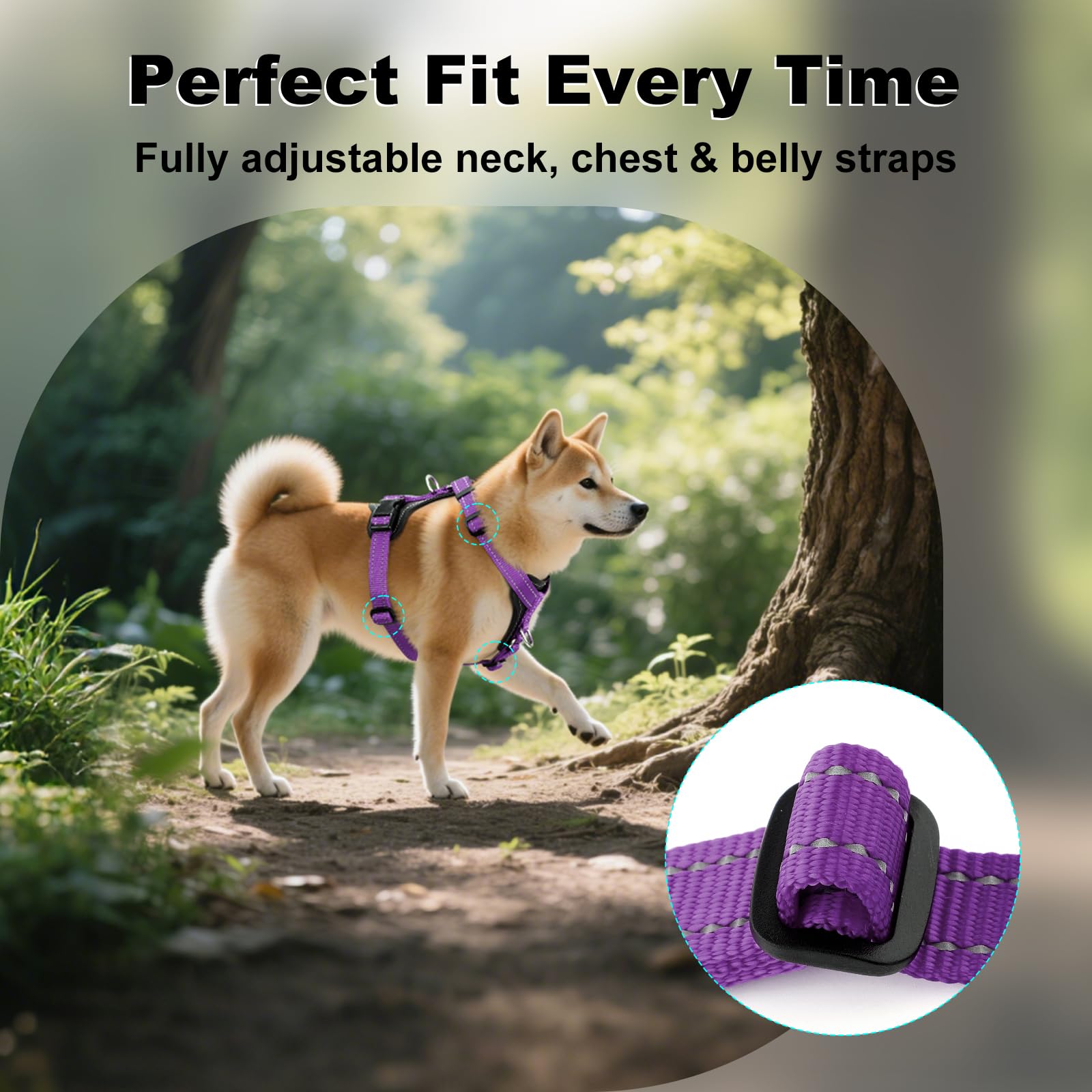 Plutus Pet breathable nylon harness minimizes chafing on long hikes.