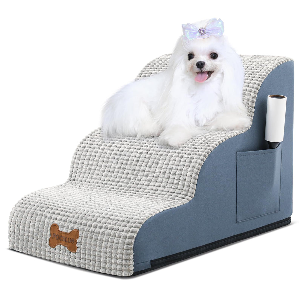 POCBLUE dog stairs 3-step soft coral velvet provide stable ascent to couch.