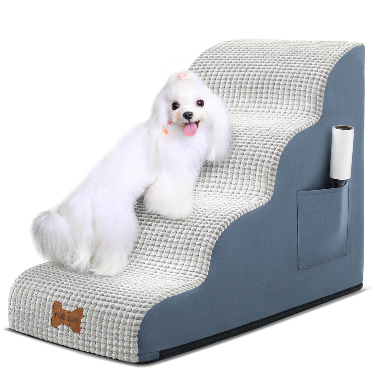 POCBLUE Dog Stairs 4-step front view shows stable, wide steps for bed access.
