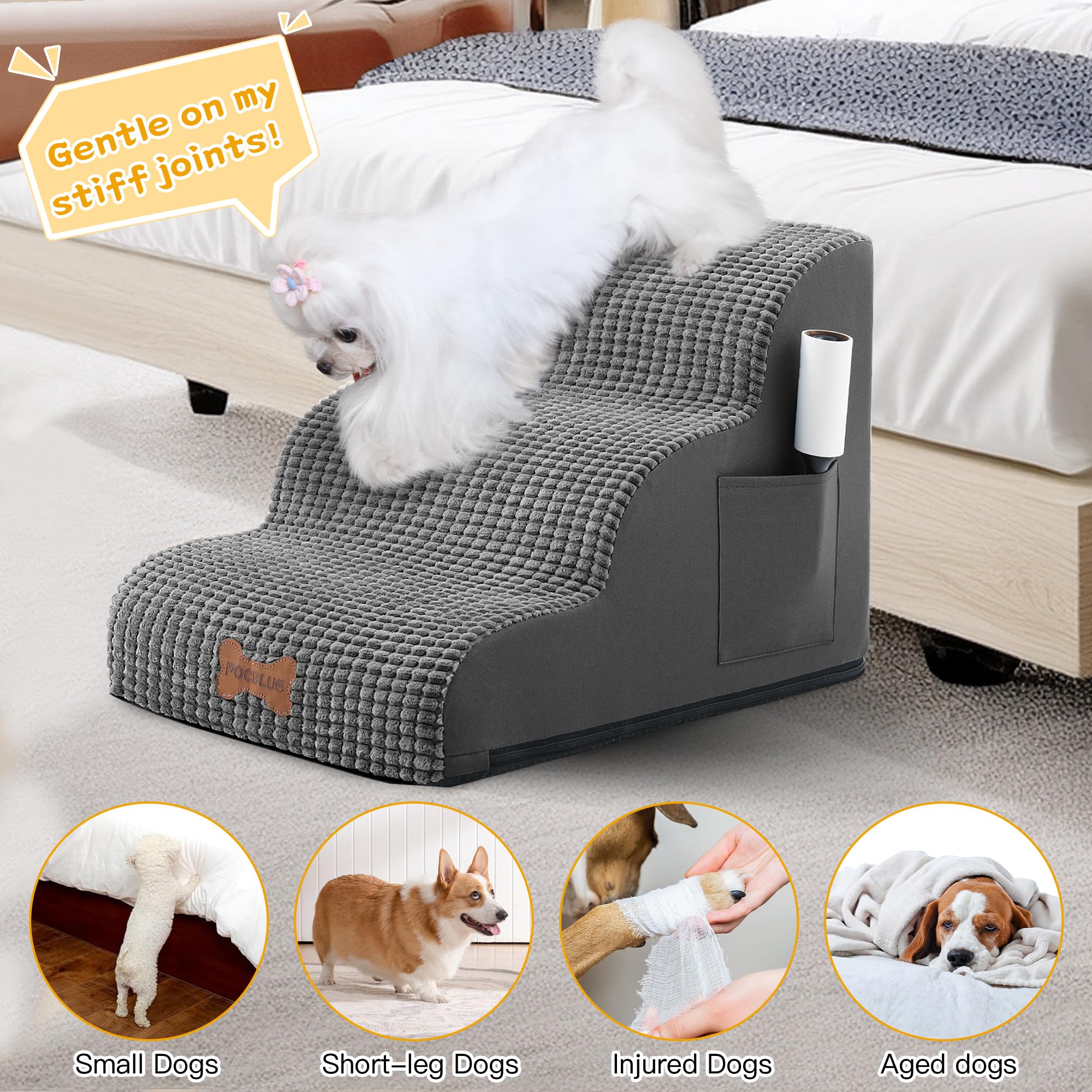 POCBLUE dog stairs side-pocket storage helps carry pet essentials.