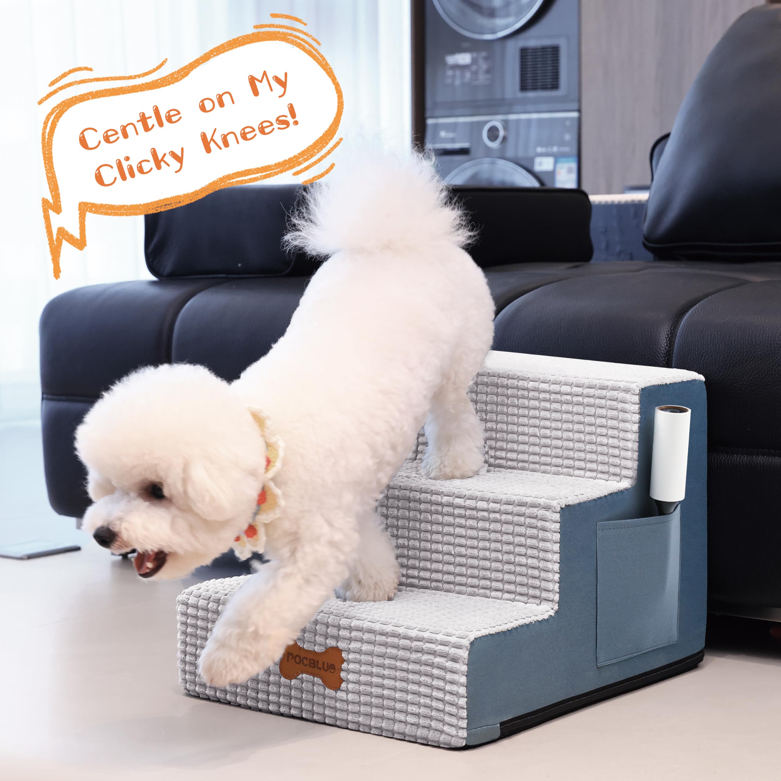 POCBLUE dog stairs with side pockets stores treats and small items