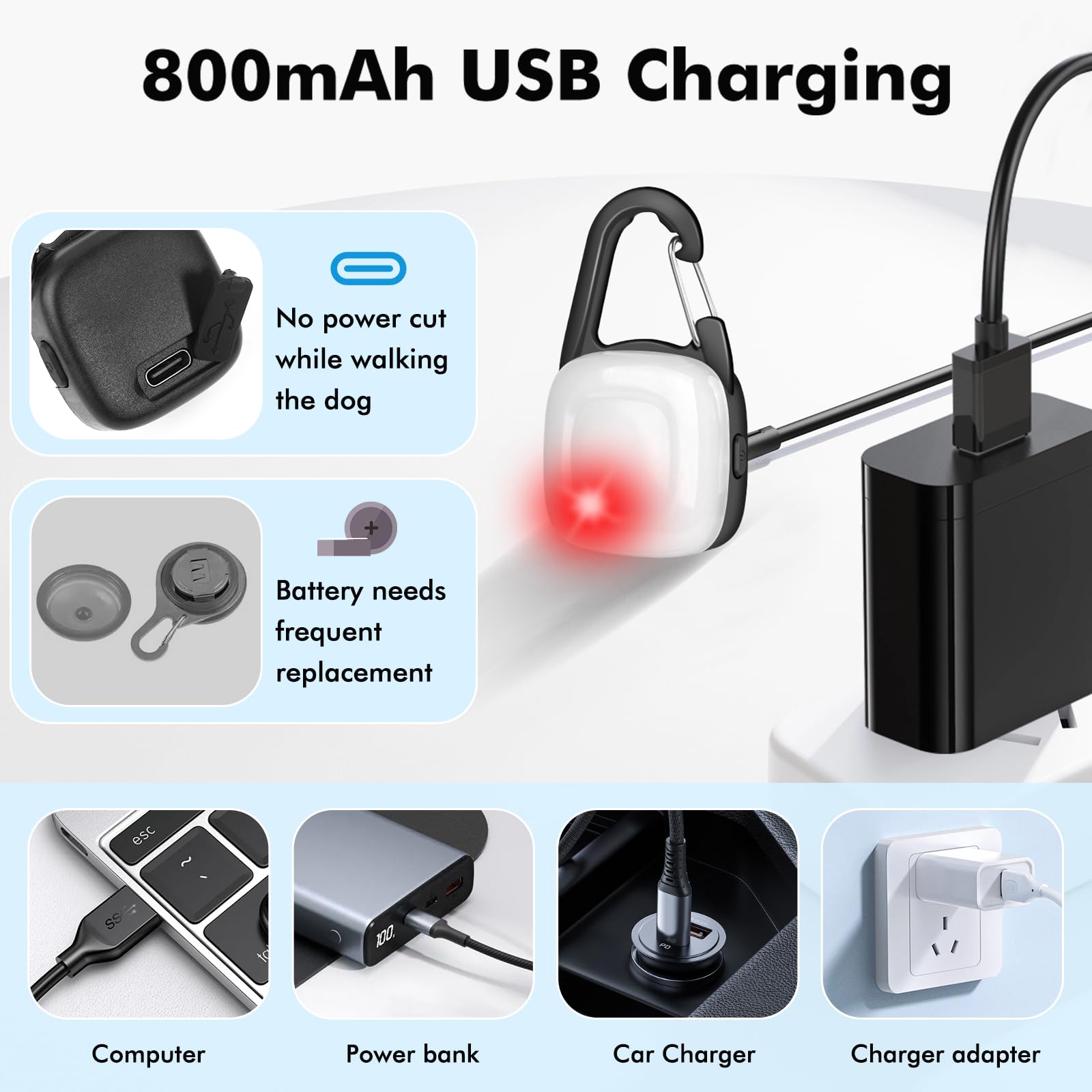 POEEY dog light clip-on IP68 waterproof build withstands rain or splashes.