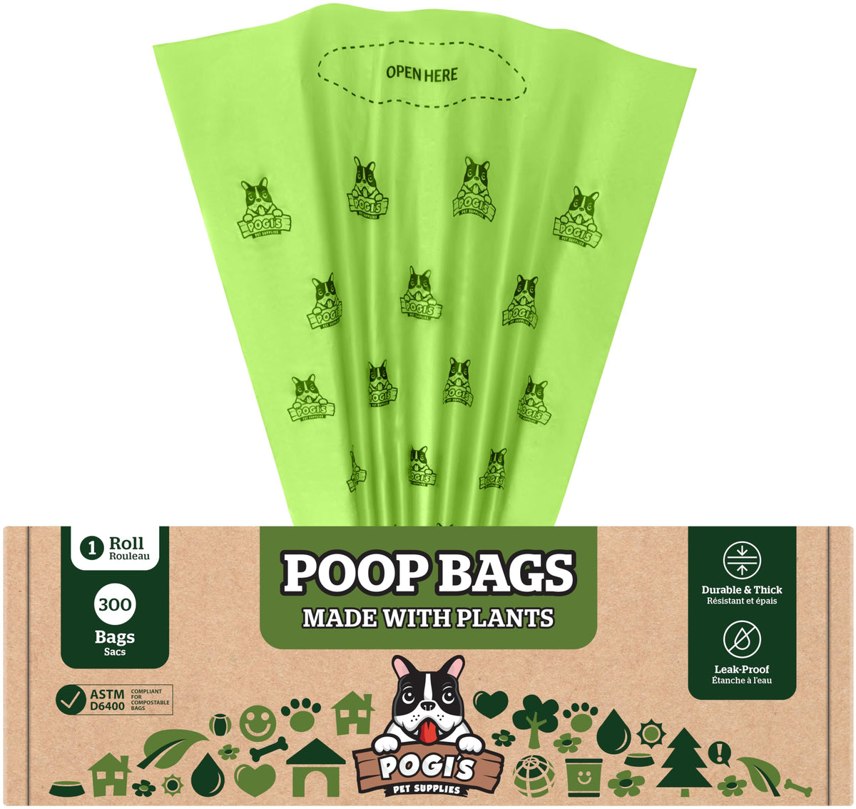 Pogi's compostable poop bags in dispenser box for quick pickup and convenience
