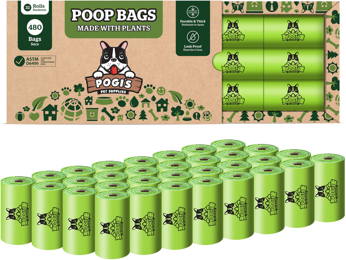 Pogi's Compostable Poop Bags roll on a dispenser for quick pickups.