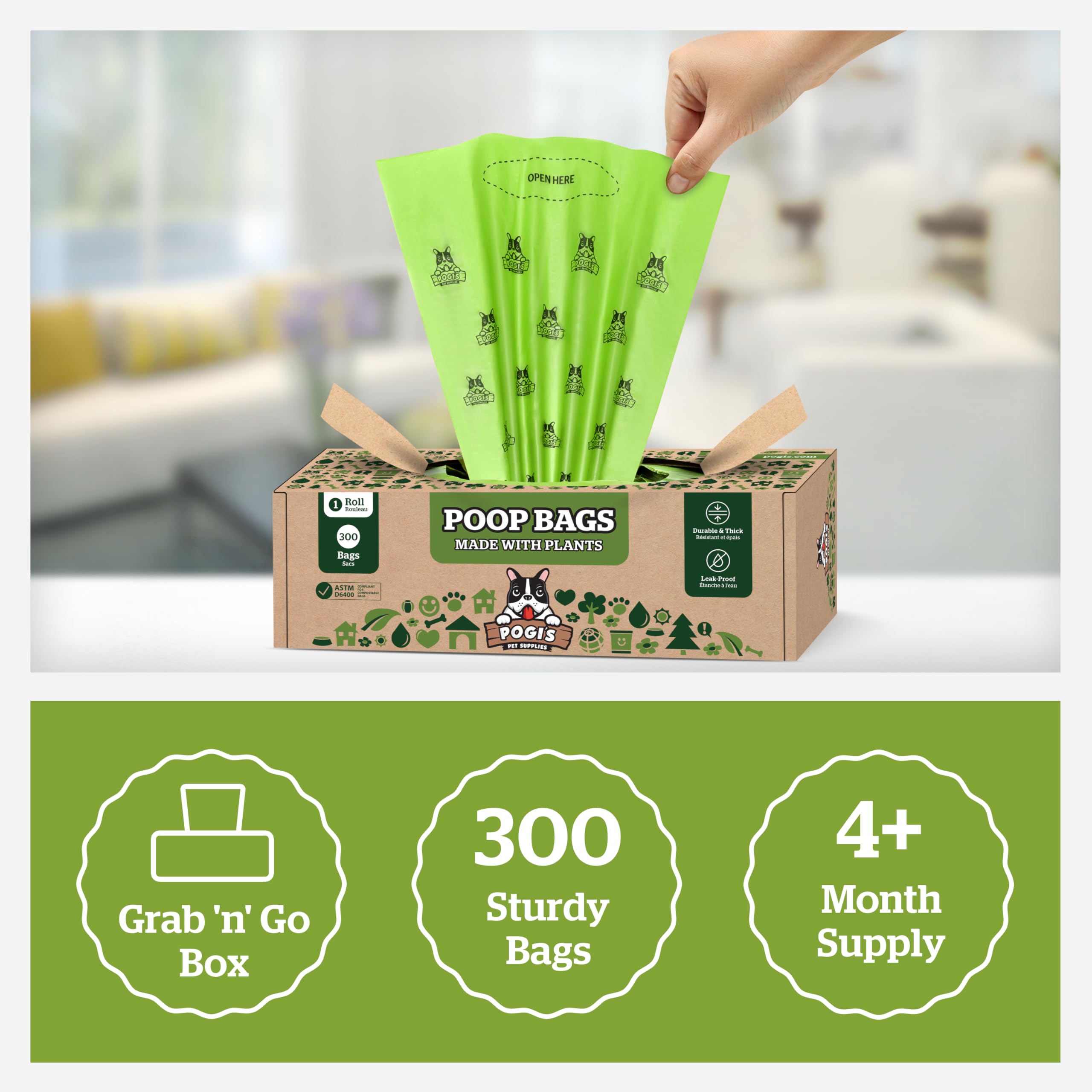 Single-roll format of Pogi's compostable poop bags for compact storage