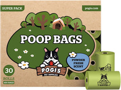Pogi's Dog Poop Bags box and rolls show 30-roll packaging for easy cleanup.