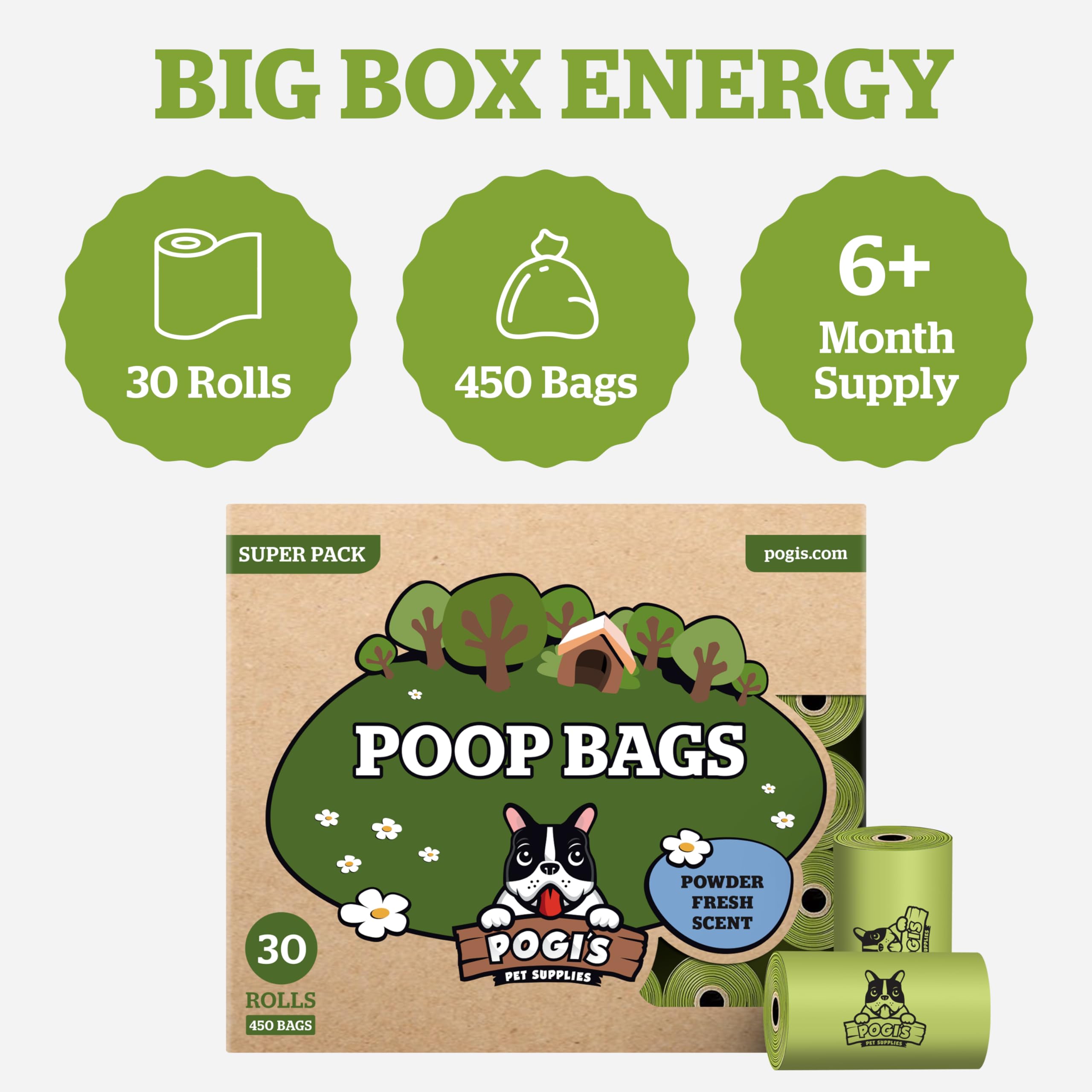 Pogi's Dog Poop Bags dispenser-ready for standard poop bag dispensers.
