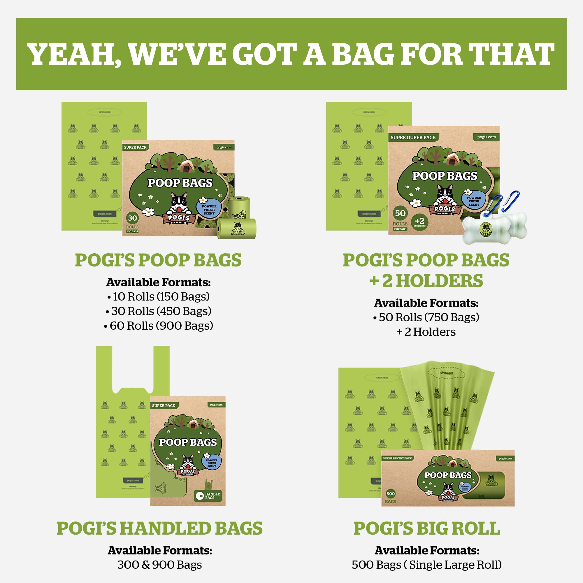 Pogi's Dog Poop Bags fit standard dispensers for on-the-go cleanup