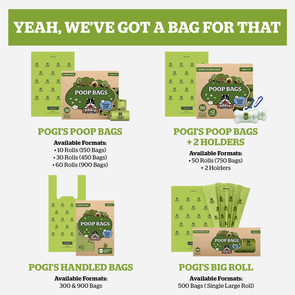 Pogi's Dog Poop Bags fit standard dispensers for on-the-go cleanup