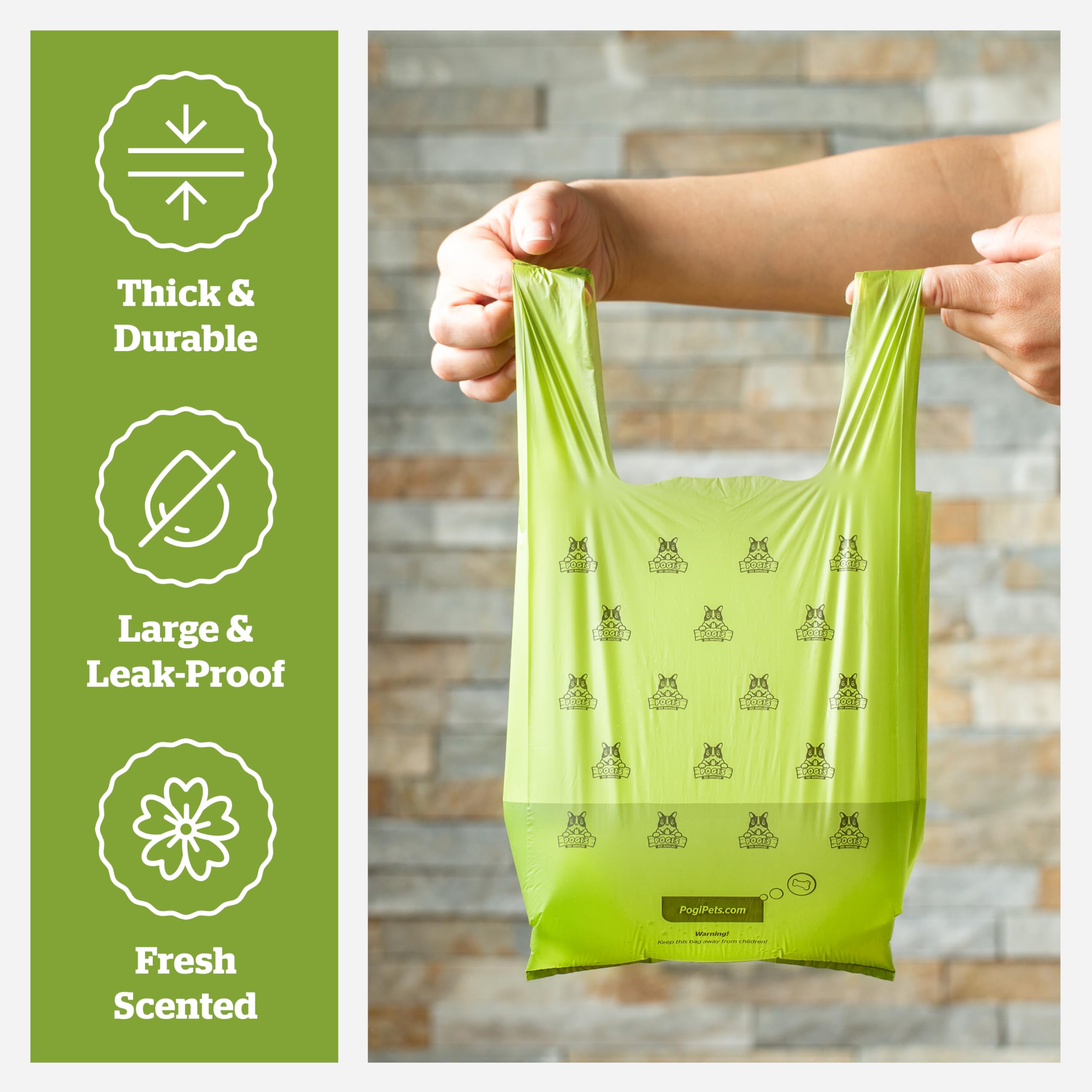 Pogi's poop bags with easy-tie handles for fast disposal.