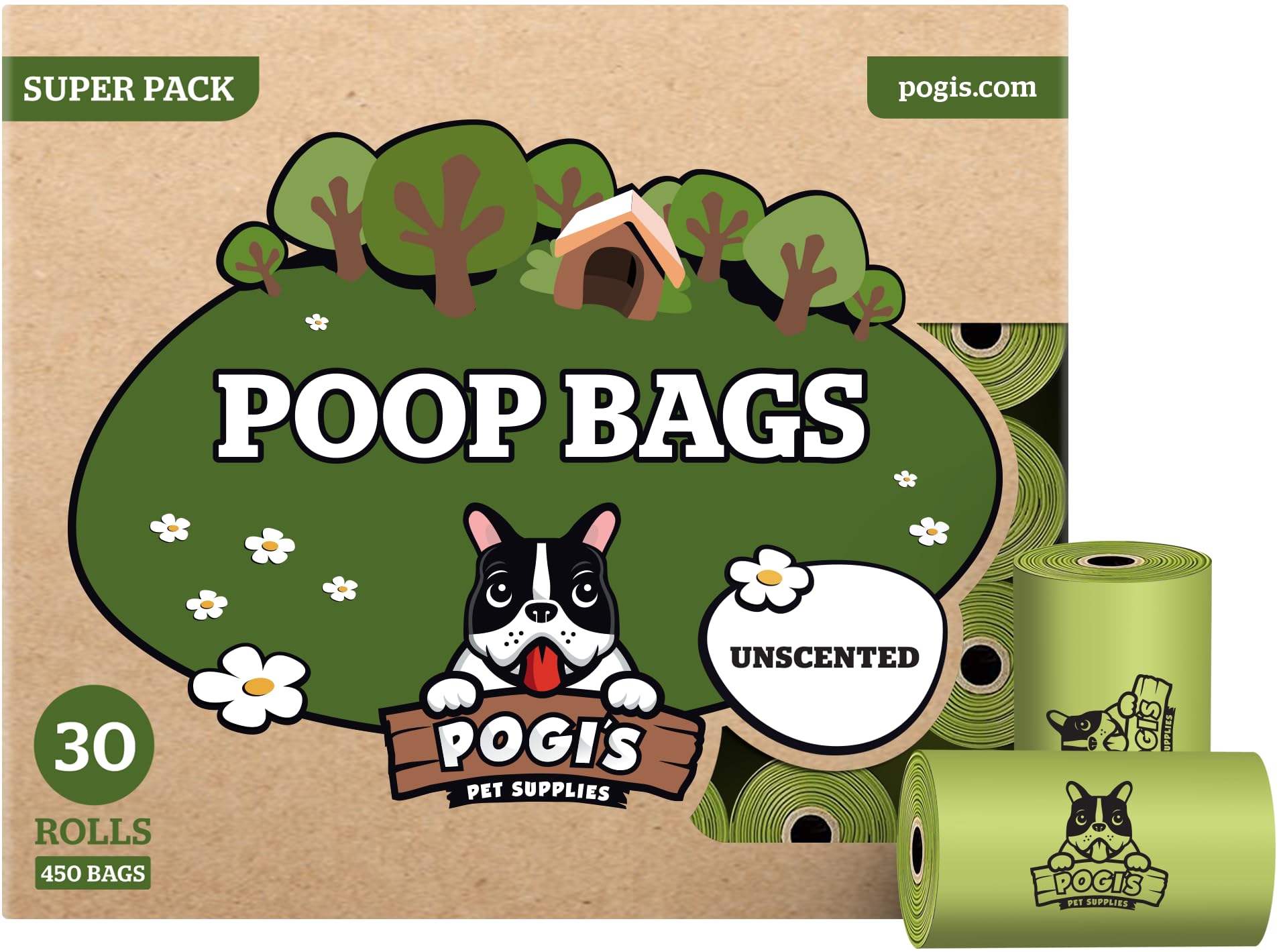 Pogi's Dog Poop Bags rolls show easy tear-off for quick cleanup on walks