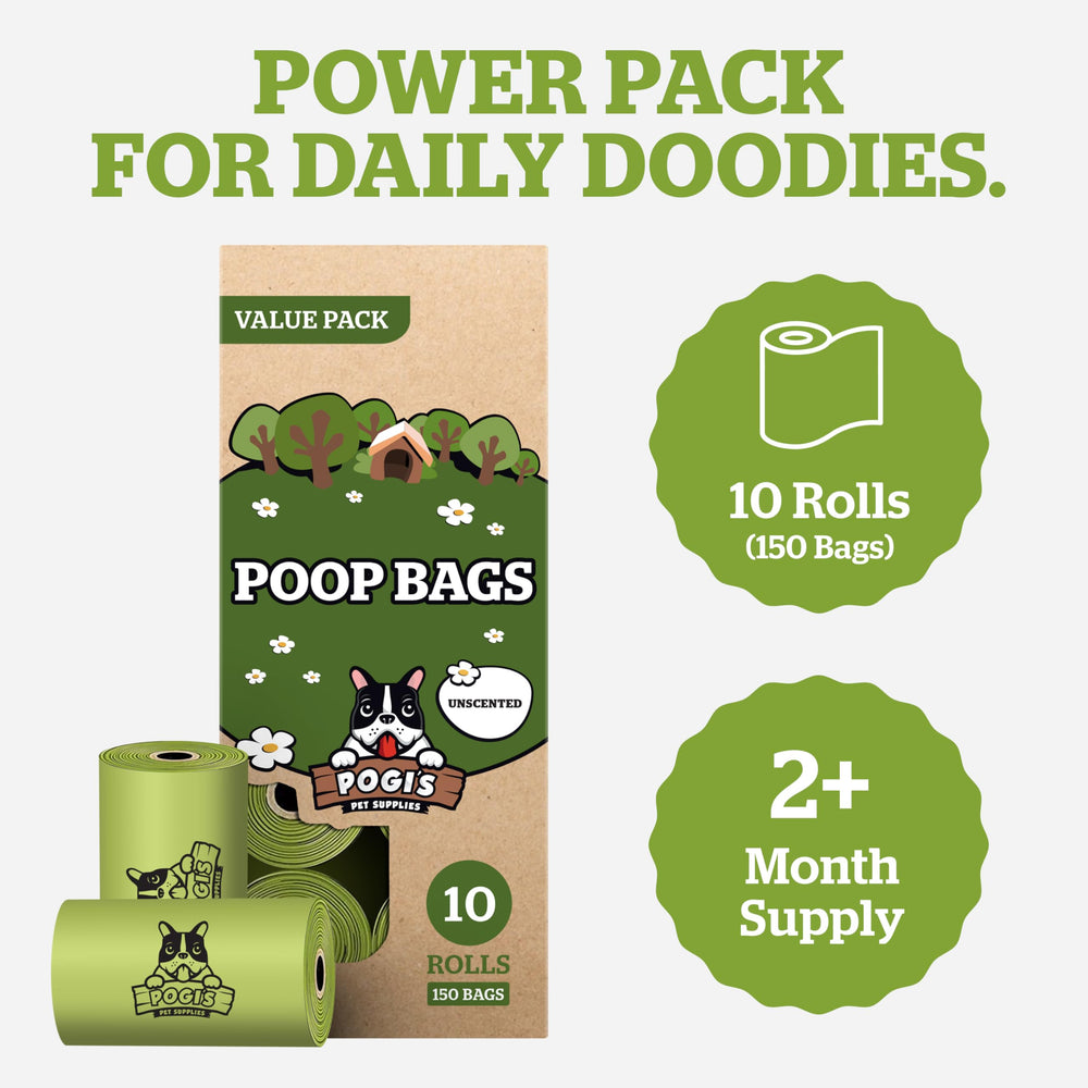 Pogi's Dog Poop Bags thoughtful-packaging reduces waste during cleanup.