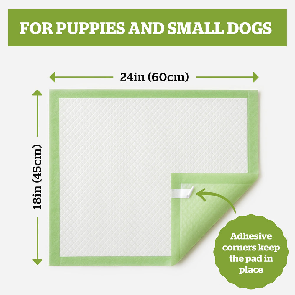 Pogi's Puppy Pads six-layer protection locks in leaks and odors during potty training.