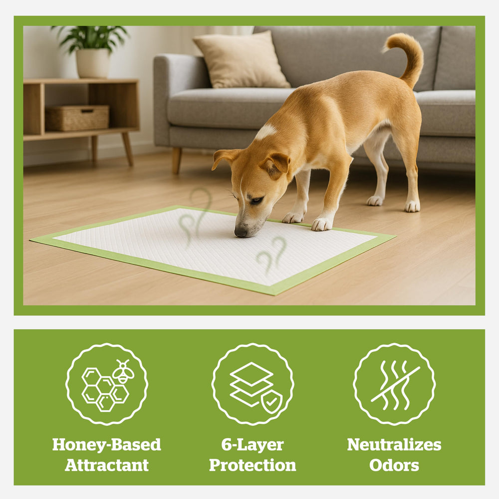 Pogi's Puppy Pads attractant image highlights honey scent guiding house training