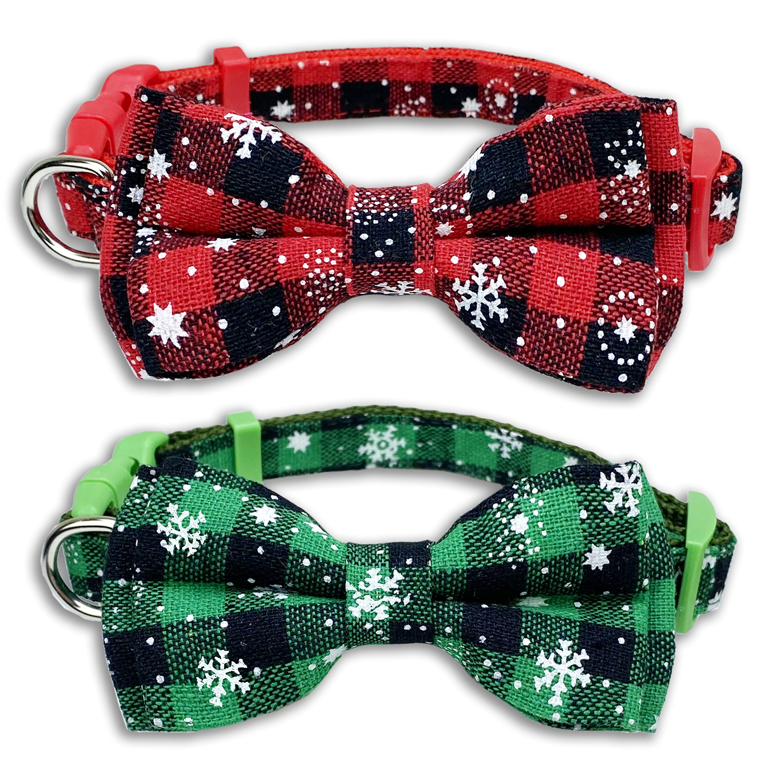 Pohshido Christmas dog collar with red snowflake plaid and bow tie for festive wear