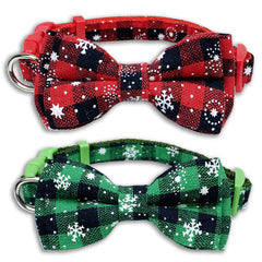 Pohshido Christmas dog collar with red snowflake plaid and bow tie for festive wear