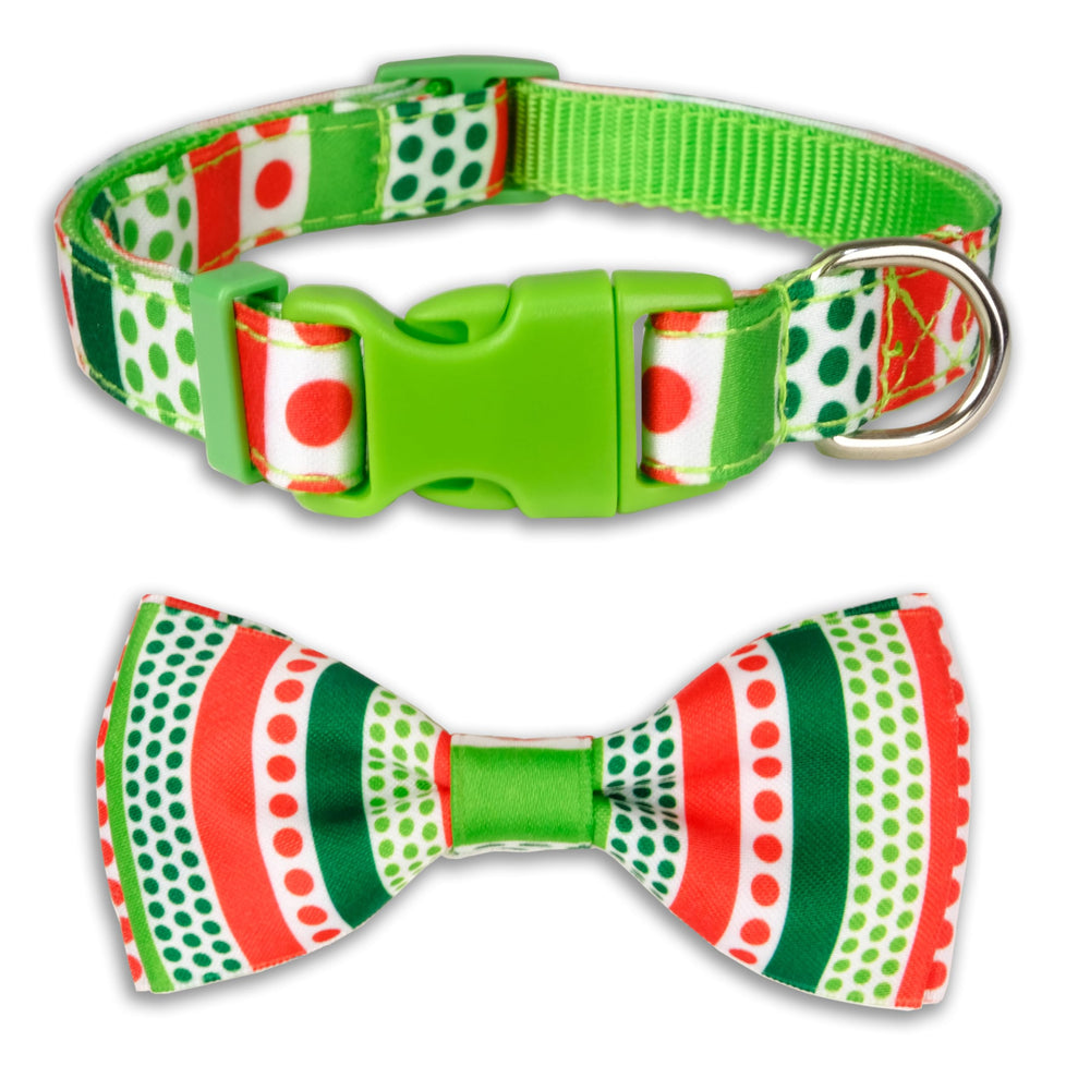 Pohshido Christmas collar and bow tie with green-red polka dots for festive photos