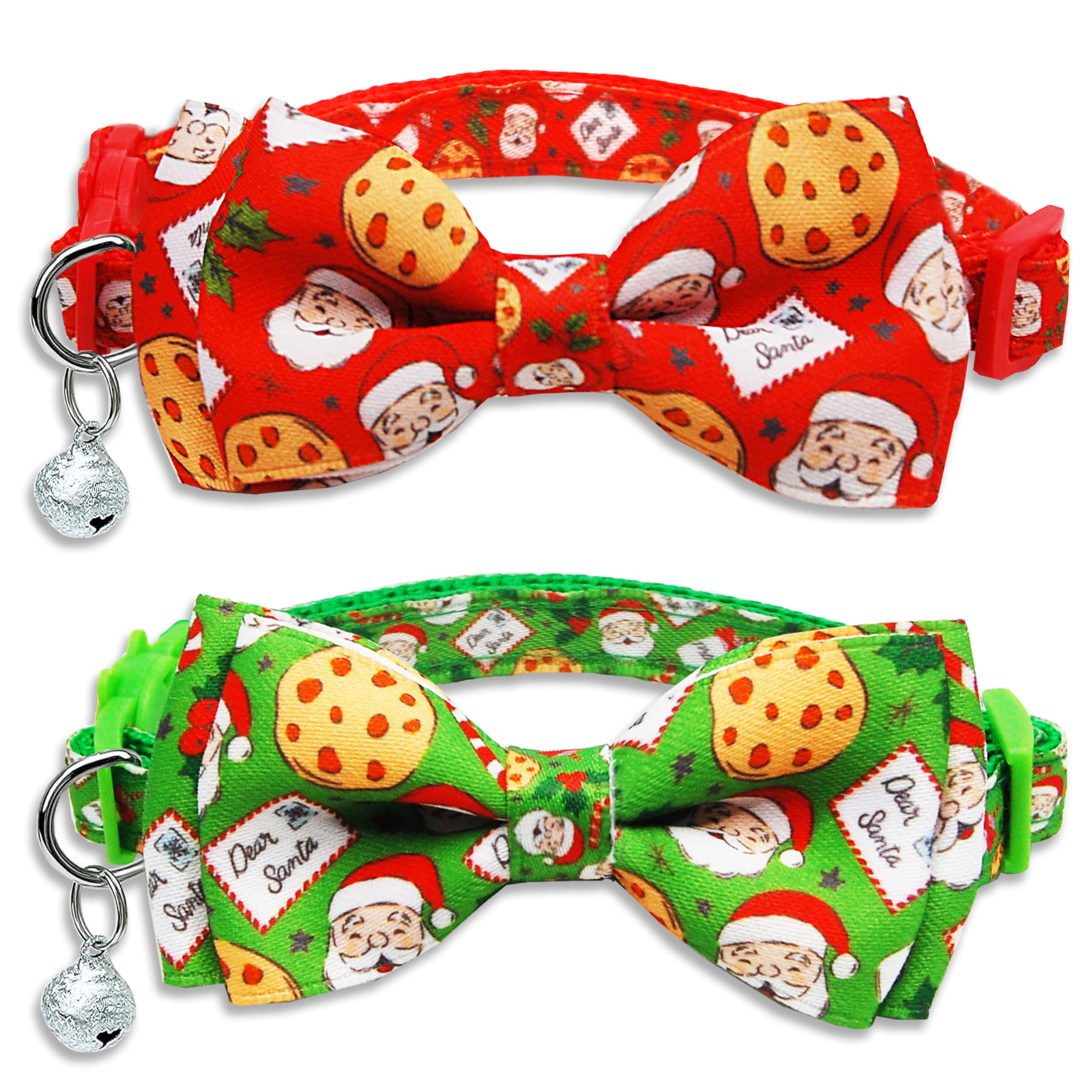 Pohshido Dear Santa red collar with removable bow tie and bell for festive pet photos.