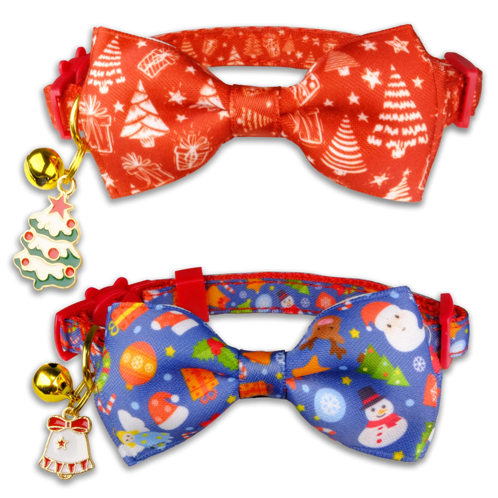 Pohshido red Christmas bow tie collar with trees and gifts, ideal for festive photos.