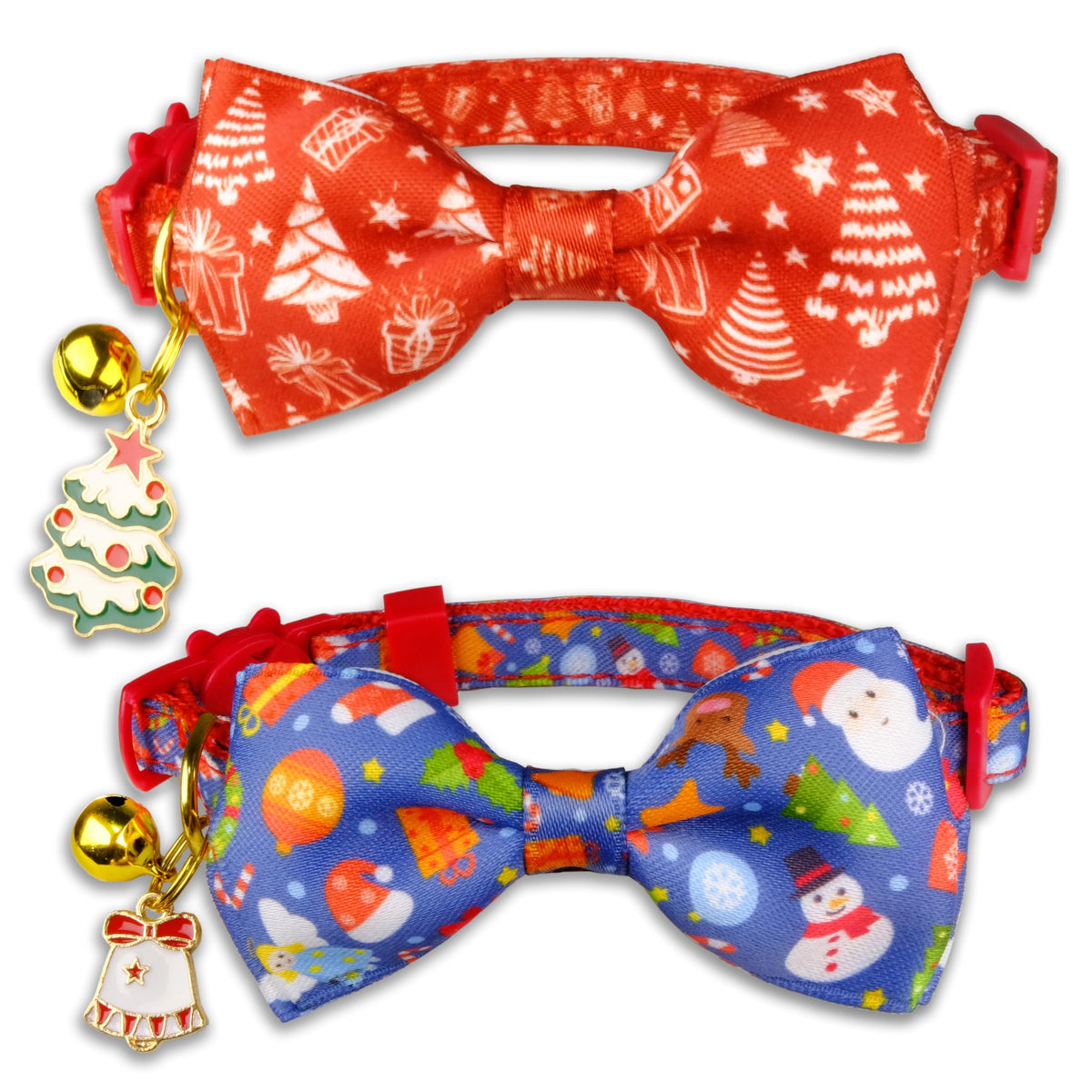 Pohshido red Christmas bow tie collar with trees and gifts, ideal for festive photos.