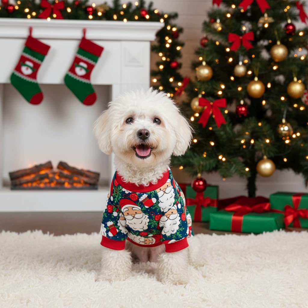 Pohshido Santa Pajama dog snuggling in cozy lounge moments