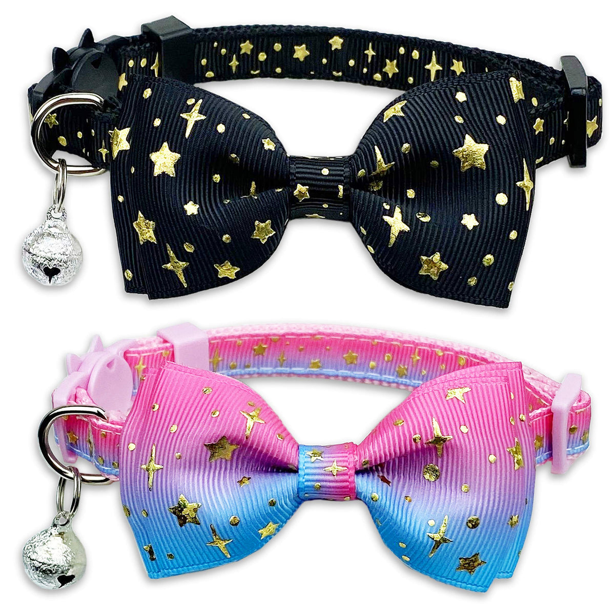 Pohshido Starshine rainbow collar with bowtie and bell on cat, adjustable and comfortable.
