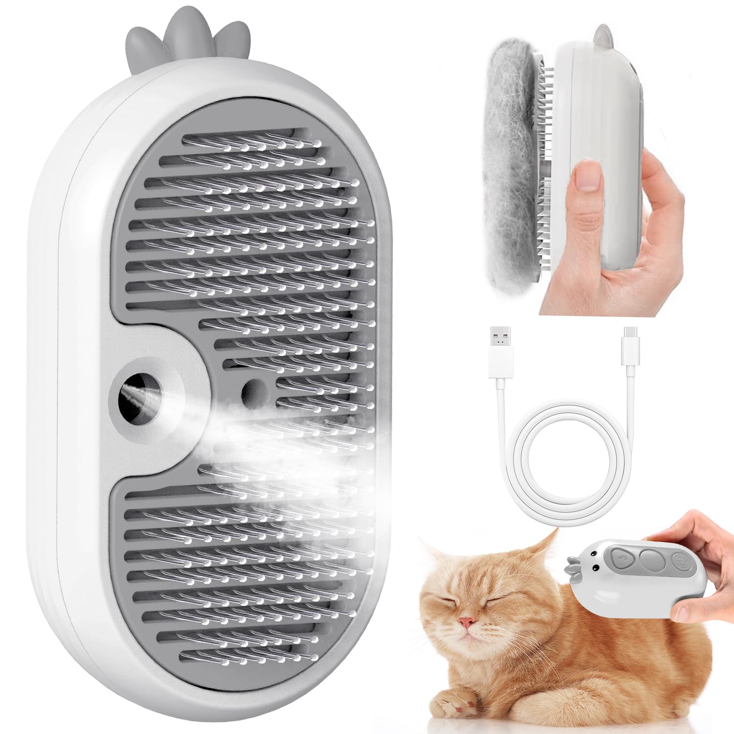 POIIOPY Cat Steam Brush release button showcases easy one-touch spray for grooming sessions.