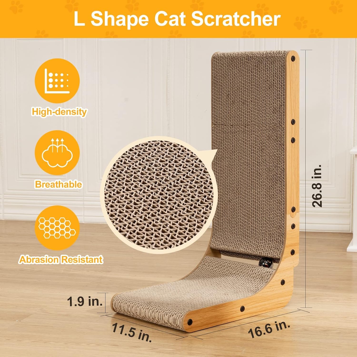 Poils bebe L Shape Cat Scratcher side view highlights space-saving design for small rooms