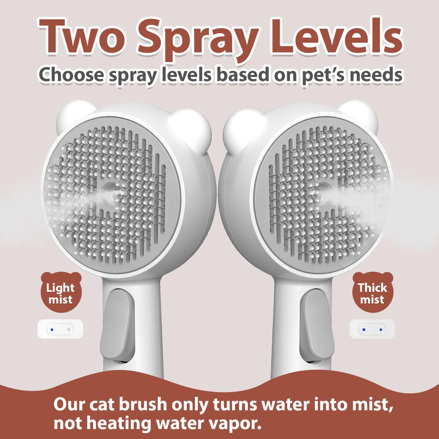 POIIOPY cat steam brush release button highlights self-cleaning feature during grooming.