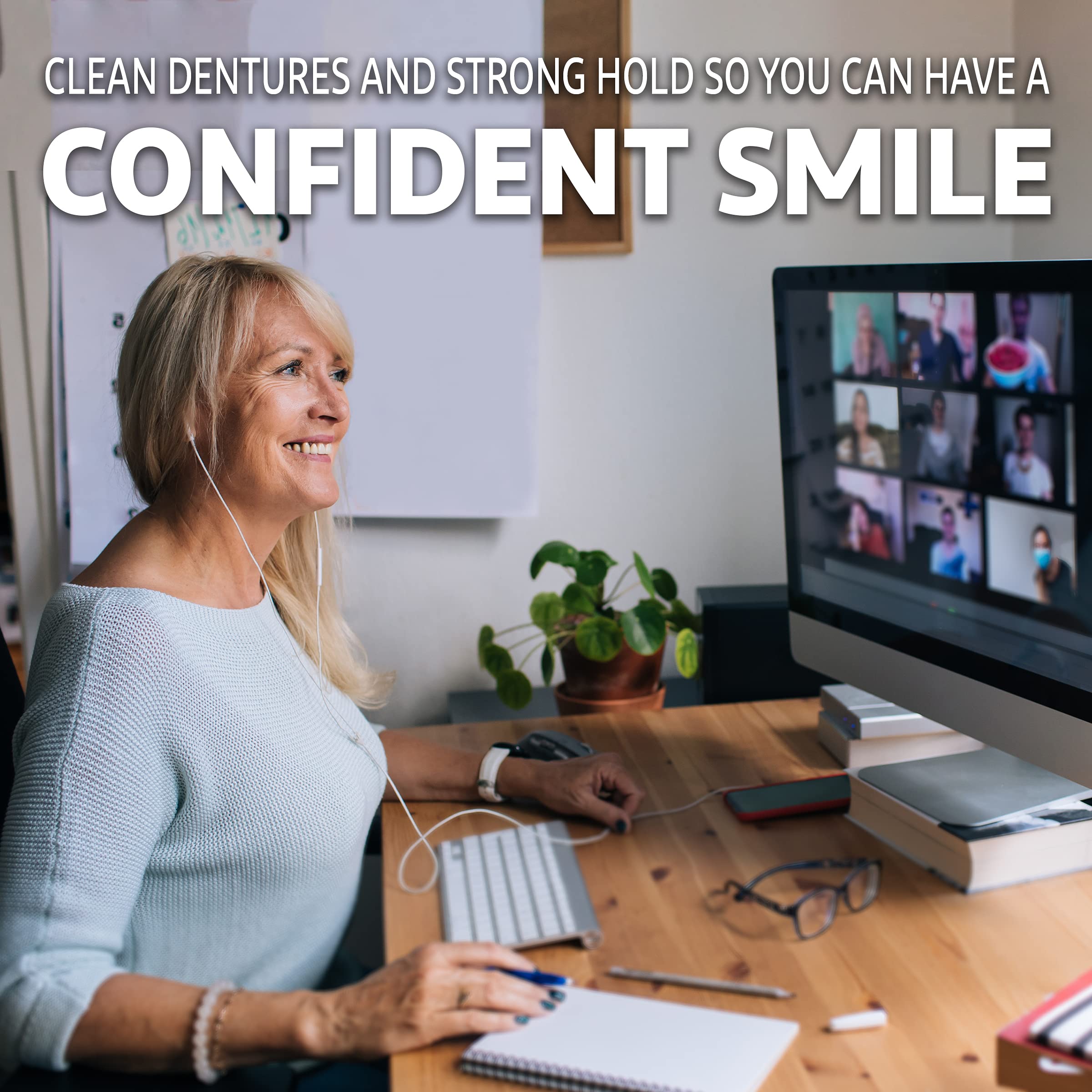 Polident Smokers Denture Cleanser 84-count packaging keeps dentures clean at home.