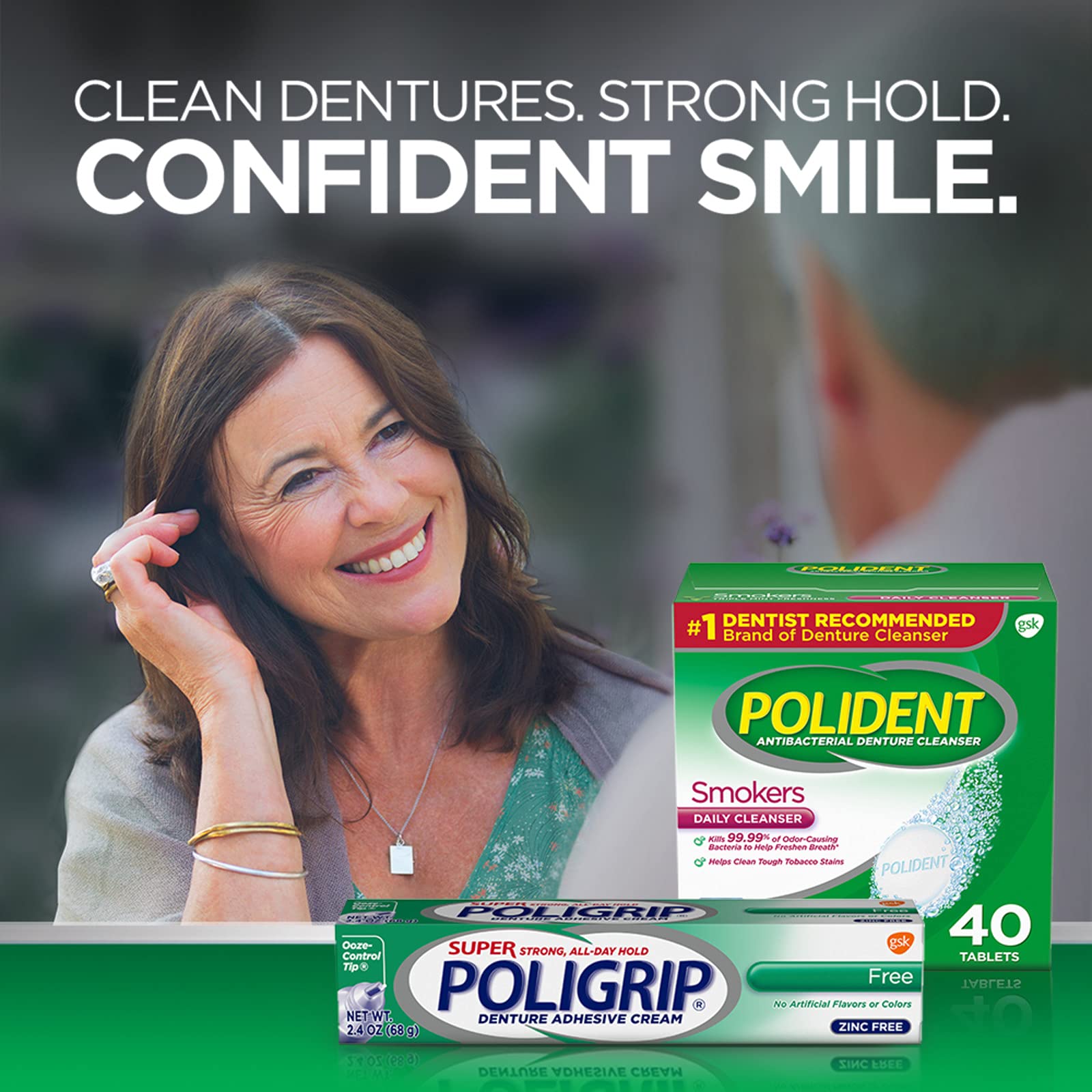 Polident Smokers Denture Cleanser packaging beside dentures highlights 84-count value.