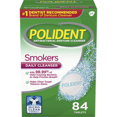 Polident Smokers Denture Cleanser tablets in tub for tobacco stain removal.