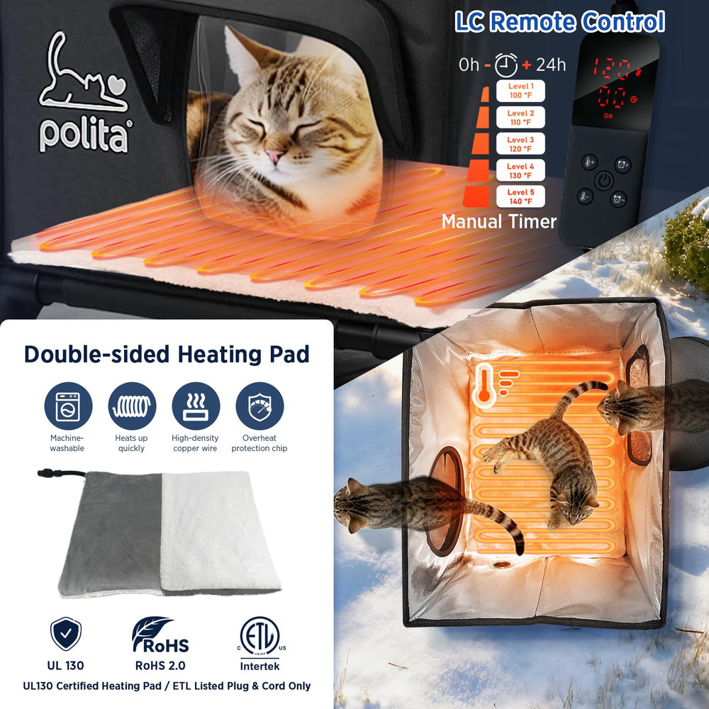 Polita rugged cat house base-elevated station raises five inches for better weather protection.