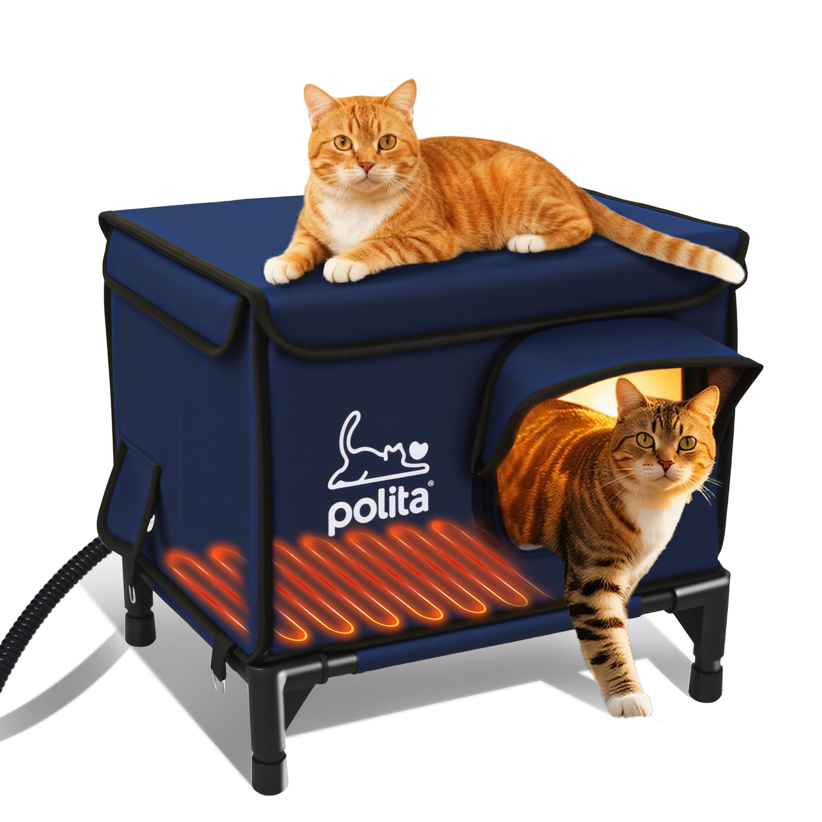 Polita rugged heated cat house exterior shows weatherproof shell for outdoor warmth.