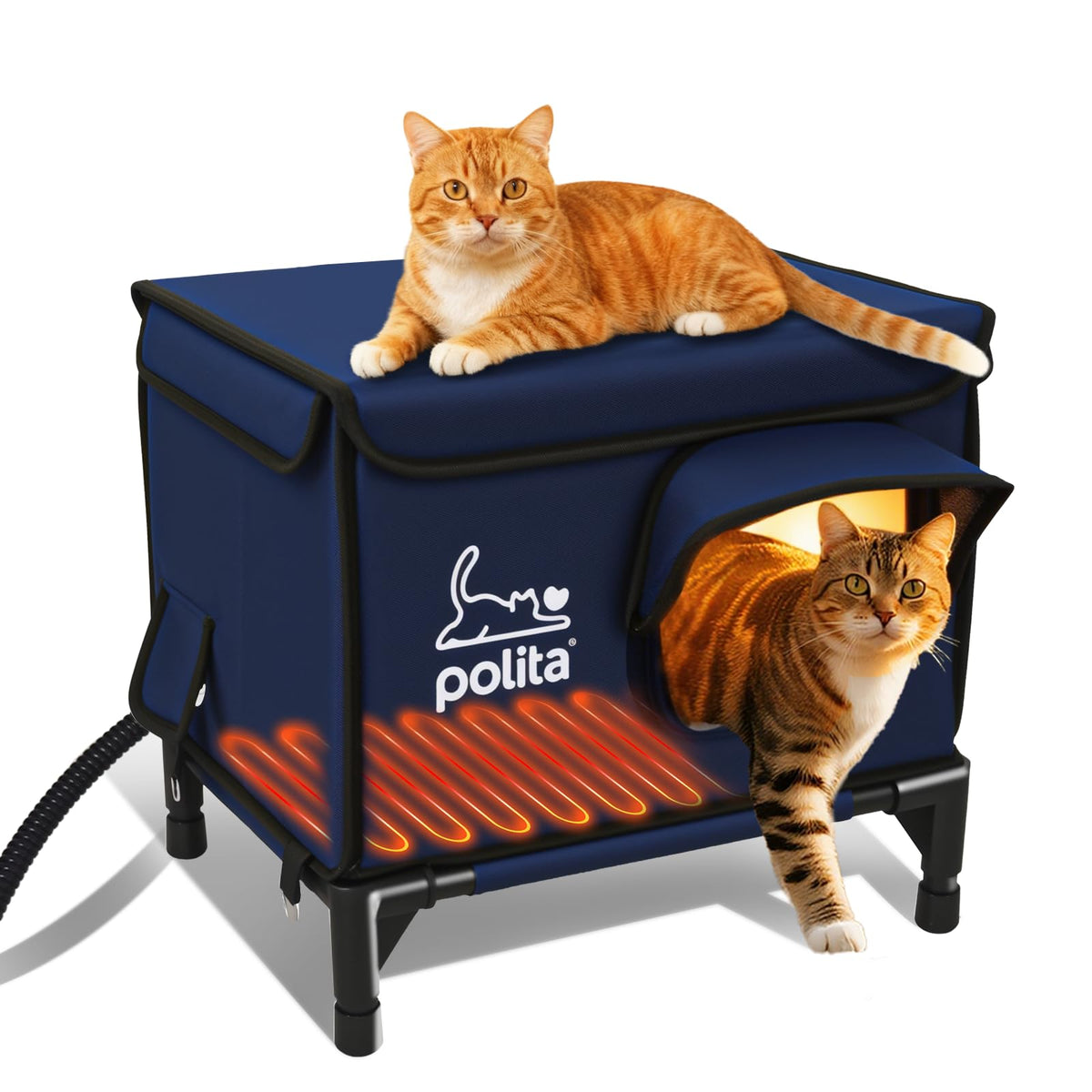 Polita rugged heated cat house exterior shows weatherproof shell for outdoor warmth.